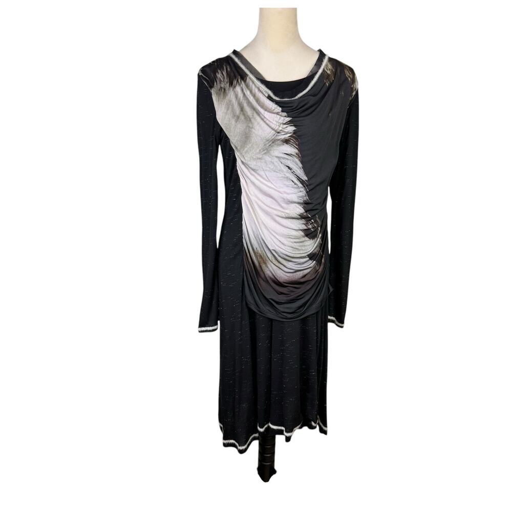 Roberto Naldi Abstract Art to Wear Ruched Front Long Sleeve Soft Knit Midi Dress